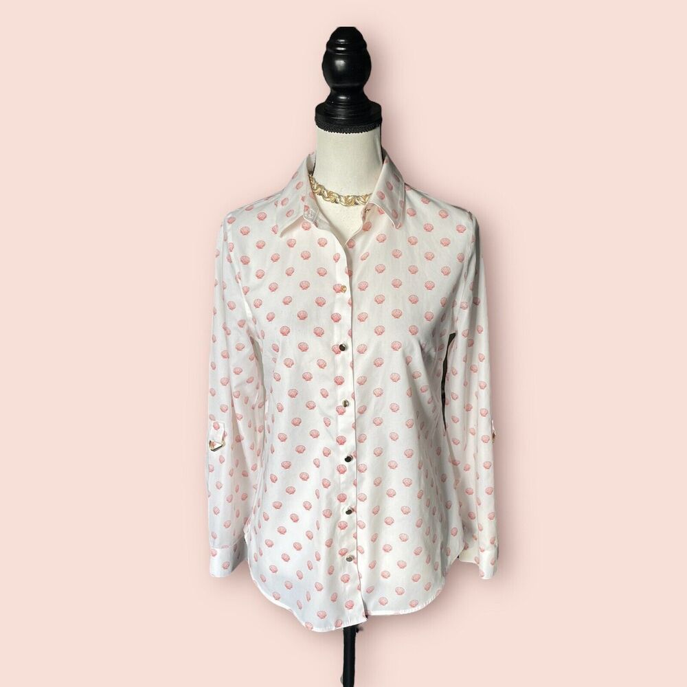 Chico’s Elaine Chow Mitch wife White Pink Seashell Blouse Sz 0 4 - Picture 5 of 12